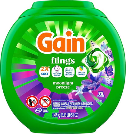 Gain Flings Liquid Washing Detergent Pods with Odor Defense + Color Guard, Moonlight Breeze Scent, 4-In-1 Liquid Laundry Detergent Pacs, Clean & Fresh, 76 Count (Packaging May Vary)