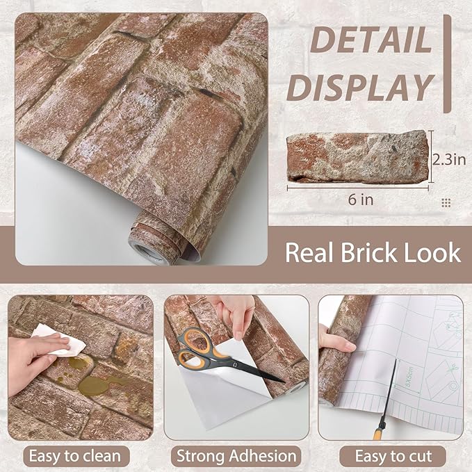 Red Brick Wallpaper Peel and Stick Faux Brown Brick Contact Paper 197inL 17.3inW Self Adhesive Fireplace Wallpaper for Bedroom Kitchen Backsplash Waterproof Red Chimney Contact Paper for Walls