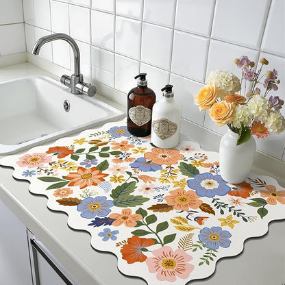 LOKHOM Scalloped Floral Dish Drying Mat, 18"x24" Super Absorbent Coffee Mat with Unique Spring Wildflowers, Cuttable Hide Stain Non-slip Drying Mat for Kitchen Counter Coffee Maker Espresso Machine