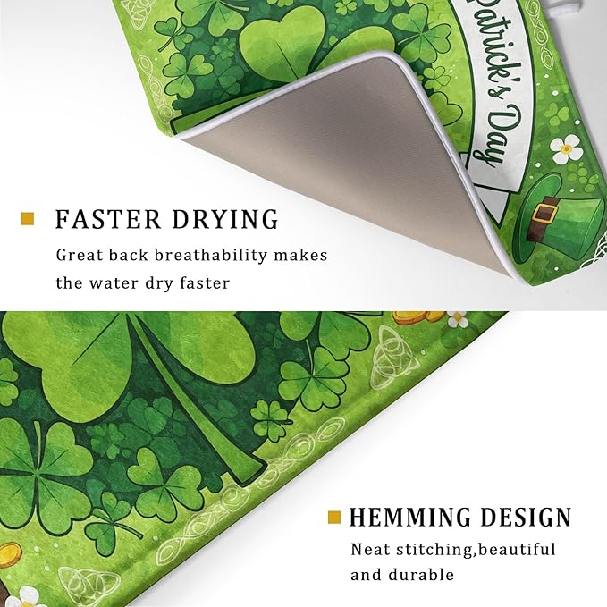 Happy St. Patrick's Day Dish Drying Mat 18 x 24 Inch With Absorbent Reversible Microfiber Spring Lucky Clover Shamrock Hat Drying Green Dish Drainer Mat Fast Dry For Kitchen Dining Room Decor