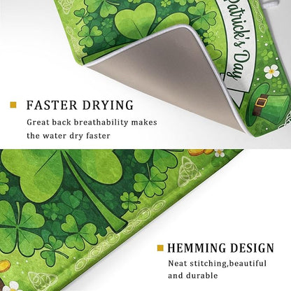 Happy St. Patrick's Day Dish Drying Mat 18 x 24 Inch With Absorbent Reversible Microfiber Spring Lucky Clover Shamrock Hat Drying Green Dish Drainer Mat Fast Dry For Kitchen Dining Room Decor