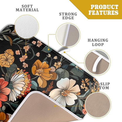 Vintage Floral Dish Drying Mat 16x18 inch Boho Flower Drainer Mats Fast Dry Absorbent Washable Dish Rack Pad Protector Kitchen Accessories