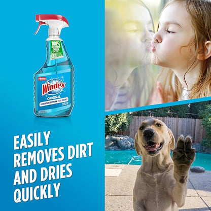 Windex Glass and Window Cleaner Spray Bottle, Bottle Made from 100% Recycled Plastic, Surface Cleaning Spray, Original Blue Scent, 23 Fl Oz (Pack of 6)