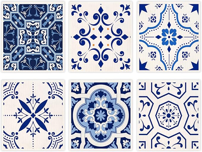Morigins Swedish Dish Clothes Pack of 6, Reusable, Absorbent Hand Towels for Kitchen, Bathroom and Cleaning Counters - Blue Cellulose Sponge Cloth
