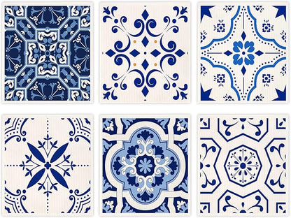 Morigins Swedish Dish Clothes Pack of 6, Reusable, Absorbent Hand Towels for Kitchen, Bathroom and Cleaning Counters - Blue Cellulose Sponge Cloth