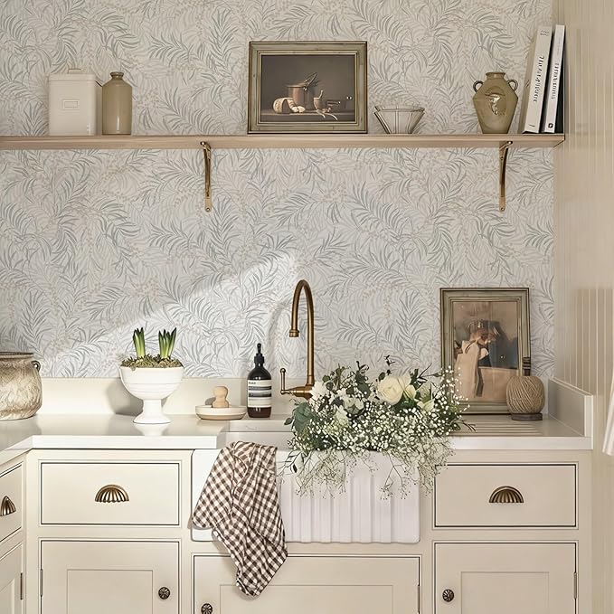 Ismoon Boho Wallpaper Peel and Stick Dusty Green Botanical Wallpaper 17.3in x32.8ft Neutral Leaf Removable Waterproof Green Contact Paper for Bedroom Kitchen Renter Friendly Wall Decor Vinyl