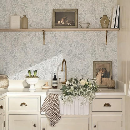 Ismoon Boho Wallpaper Peel and Stick Dusty Green Botanical Wallpaper 17.3in x32.8ft Neutral Leaf Removable Waterproof Green Contact Paper for Bedroom Kitchen Renter Friendly Wall Decor Vinyl