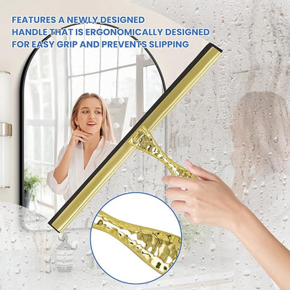 2-Pack Shower Squeegee for Glass Doors, 12 inch Gold Stainless Steel & 5 inch Pink Mini with 2 Gold Hooks, Non-Slip Hammered Handle, Silicone Wiper for Shower, Bathroom, Tile and Mirror