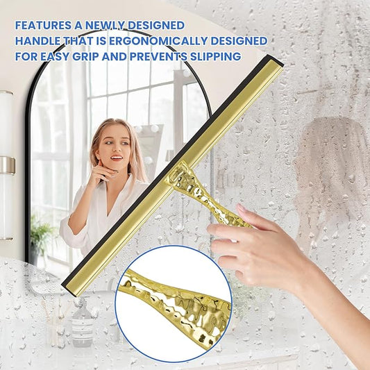 2-Pack Shower Squeegee for Glass Doors, 12 inch Gold Stainless Steel & 5 inch Pink Mini with 2 Gold Hooks, Non-Slip Hammered Handle, Silicone Wiper for Shower, Bathroom, Tile and Mirror