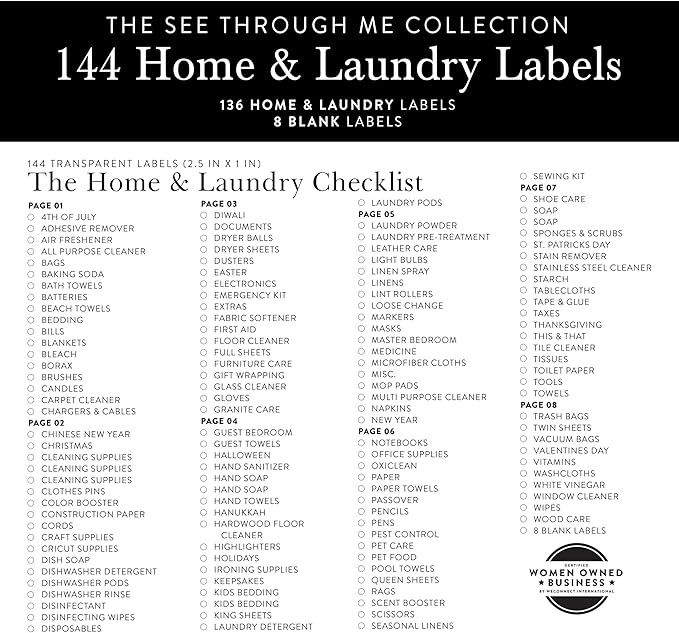Laundry Labels for Jars, 144 Preprinted Home and Laundry Label Stickers for Storage Bins, Cleaning Jars, Spray Bottles, Linen Closet, Household Organization