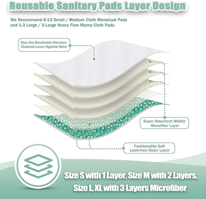 Wegreeco Reusable Menstrual Pads - Soft Cloth Sanitary Pads & Panty Liners - 6 Pack with 1 Mini Wet Bag (Medium, Peacock)
