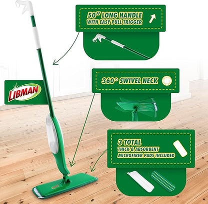 Libman Freedom Spray Mop Kit, Microfiber Wet Mops for Floor Cleaning, Hardwood, Laminate, Tile Cleaner, Household Tool, 24 Oz Solution Tank, Two Extra Replacement Refill Heads Included