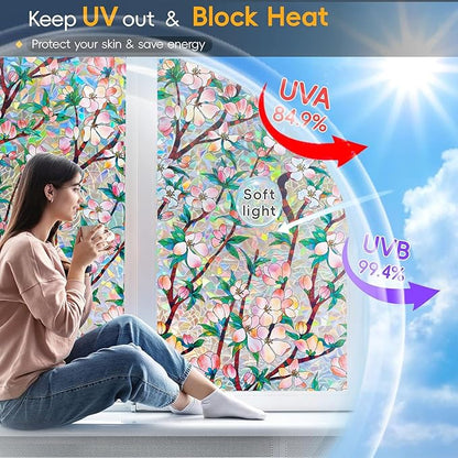 Rainbow Window Privacy Film Decorative Window Sticker, 3D Static Stained Glass Cling Tint for Home Heat Control Non-Adhesive, 23.6 x 78.7 inches