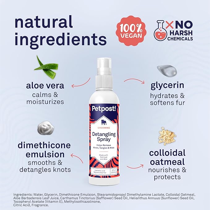 Petpost | Detangling Spray for Dogs with Knots, Mats & Tangles - Naturally Rejuvenating Dog Hair Detangler for Healthier, Shinier, Stronger Fur - Oatmeal, Aloe, and Vitamin E Formula 8 oz.
