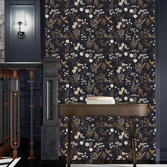 Laatse Dark Floral Wallpaper Peel and Stick 17.5in x 118in Gold Leaf Wallpaper Vinyl Waterproof Self-Adhesive Boho Navy Gold Botanical Wall Paper Mural for Bookcase Bedroom Cabinet Decor