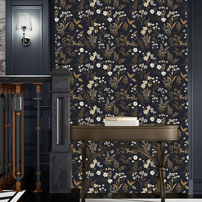 Laatse Dark Floral Wallpaper Peel and Stick 17.5in x 118in Gold Leaf Wallpaper Vinyl Waterproof Self-Adhesive Boho Navy Gold Botanical Wall Paper Mural for Bookcase Bedroom Cabinet Decor