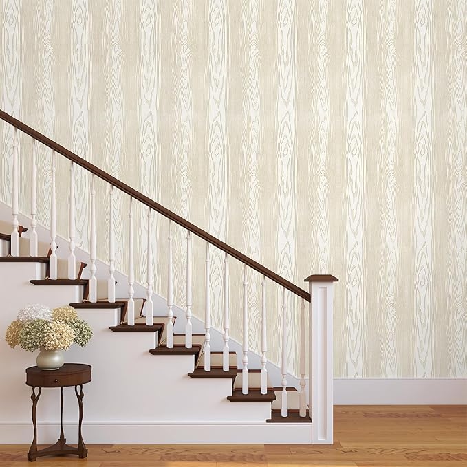 Yun-aeon Beige and Gold Wood Contact Paper 17.3"x400" Rustic Wooden Peel and Stick Wallpaper Removable Self-Adhesive Wallpaper Wood Grain Contact Paper for Countertops Cabinets