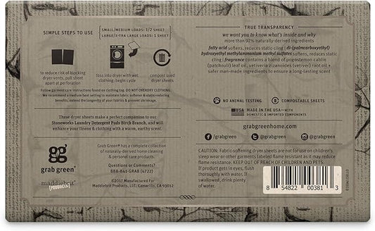 Grab Green, Stoneworks, Dryer Sheets, 80 Compostable Sheets (Birch Branch)