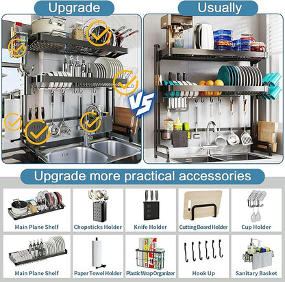 LIVOD Over The Sink Dish Drying Rack,3 Tier Adjustable Length Full Stainless Steel Large Storage Kitchen Dish Rack,for Kitchen Counter Expandable Multifunctional Organizers,Silver (25.5'' to 37.6'')