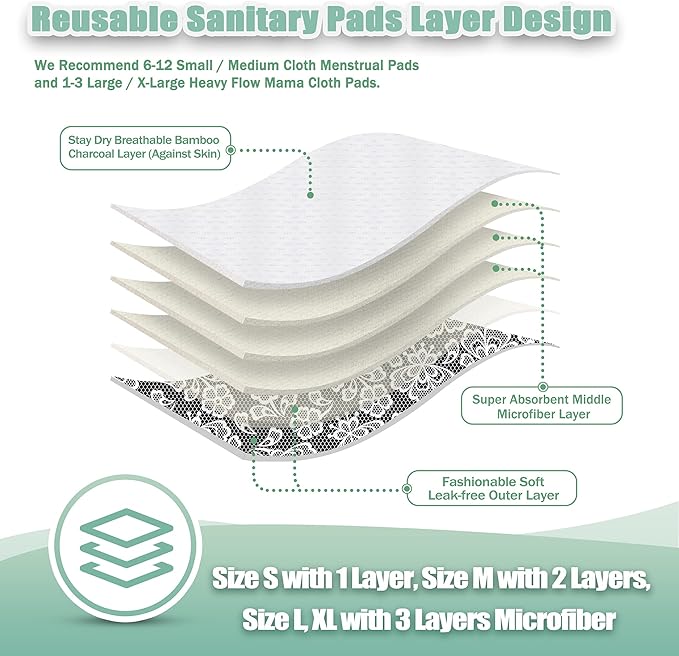 Wegreeco Reusable Menstrual Pads - Soft Cloth Sanitary Pads | Panty Liners - 6 Pack with 1 Cloth Wet Bag (Black, Grey Lace, Large)