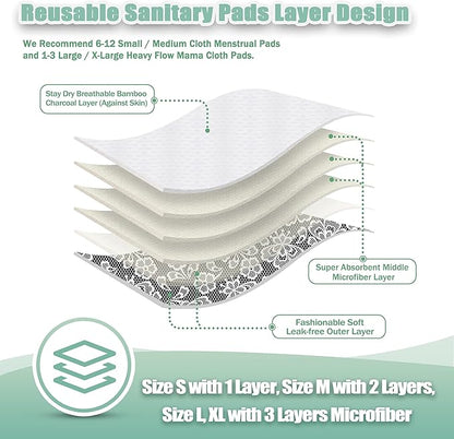 wegreeco Charcoal Reusable Menstrual Pads - Reusable Sanitary Pads | Reusable Panty Liners | Soft Cloth Menstrual Pads - 6 Pack with 1 Cloth Wet Bag (Black, Grey Lace, Small)