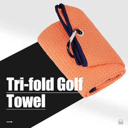 Mile High Life Tri-fold Golf Towel | Premium Microfiber Fabric | Waffle Pattern | with Heavy Duty Carabiner Clip | Golf Towel for Men and Women (2 Pack Orange)