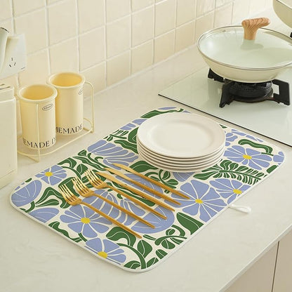 Boho Floral Drying Mat 18x24 Inches For Kitchen Counter Absorbent Spring Summer Abstract Blue Green Flower Kitchen Drying Mat Pad For Home Kitchen,Dining Room,Office Decoration