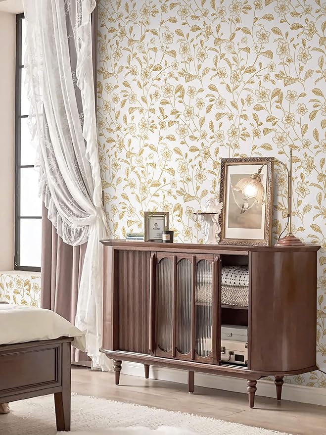 Heroad Floral Wallpaper Peel and Stick White and Gold Contact Paper Boho Peel and Stick Modern Clearance Wall Paper for Cabinets and Drawers Waterproof Self Adhesive 17.3" x 336"