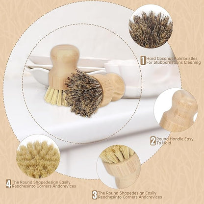 2-Pack Bamboo Dish Brush – Natural Dish Scrub Brush with Sisal & Palm Bristles for Non-Stick Pans, Pots, Vegetables, and Kitchen Cleaning