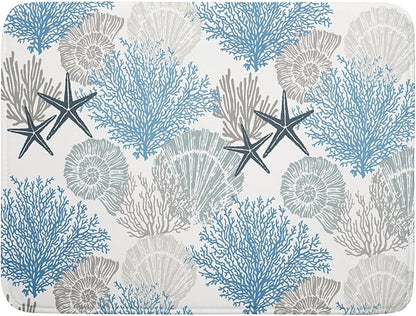 Coastal Blue Gray Dish Drying Pad 18 x 24 Inch With Absorbent Reversible Microfiber Starfish Seashell Coral Nautical Summer Drying Mats Dish Drainer Mat Fast Dry For Kitchen Dining Room Decoration