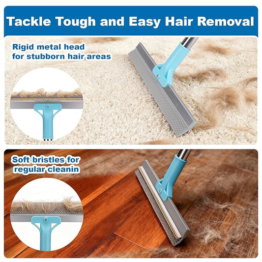 AIERSA Multifunctional Carpet Rake for Pet Hair Removal Tool 2 in 1 Metal and TPU Matted Carpet Scraper 54" Dog Hair Broom with Electrostatic Remover Glove for Couch Furniture Car