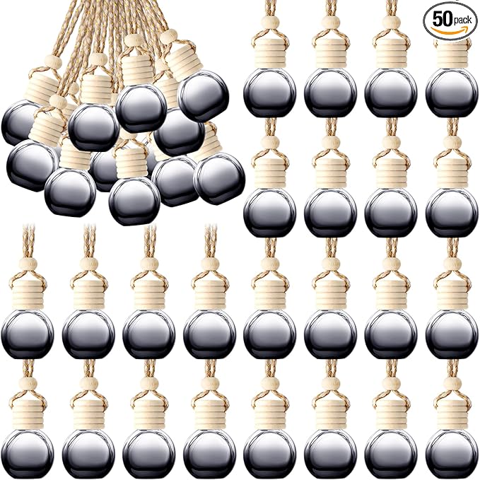 BBTO 50 Pcs Hanging Car Air Freshener Black Car Diffuser Bottles Empty Glass Perfume Bottle Freshener Diffuser Bottles Pendant for Essential Oil Fragrance Aromatherapy Ornament(Round)