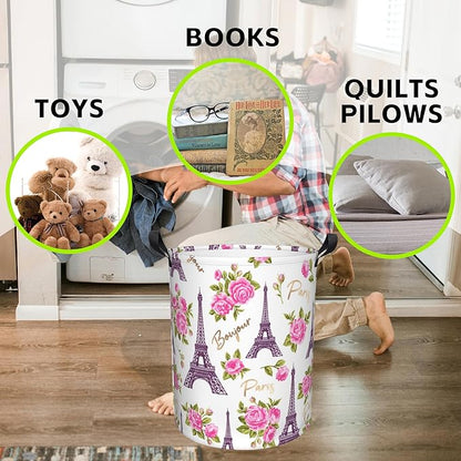 Laundry Basket Romantic Vintage Eiffel Tower Laundry Hamper Large Laundry Basket Storage Basket Tote Bag Collapsible Organizer Basket for Bathroom,Laundry,Bedroom 17.3 x16.5 Inch