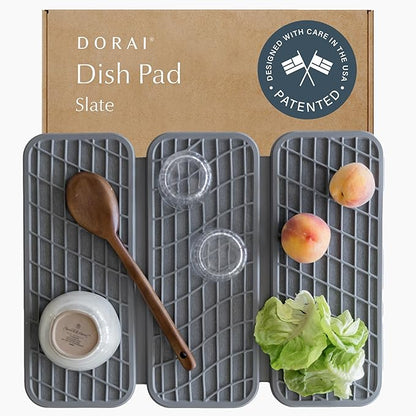 Dorai Home Dish Pad - Collapsable Stone Dish Drying Mat with Diatomaceous Earth for Quick Drying - Ultra Absorbent - Encased in Woven Silicone - Eco-Friendly, Foldable - Original 19.9"x15.2", Slate