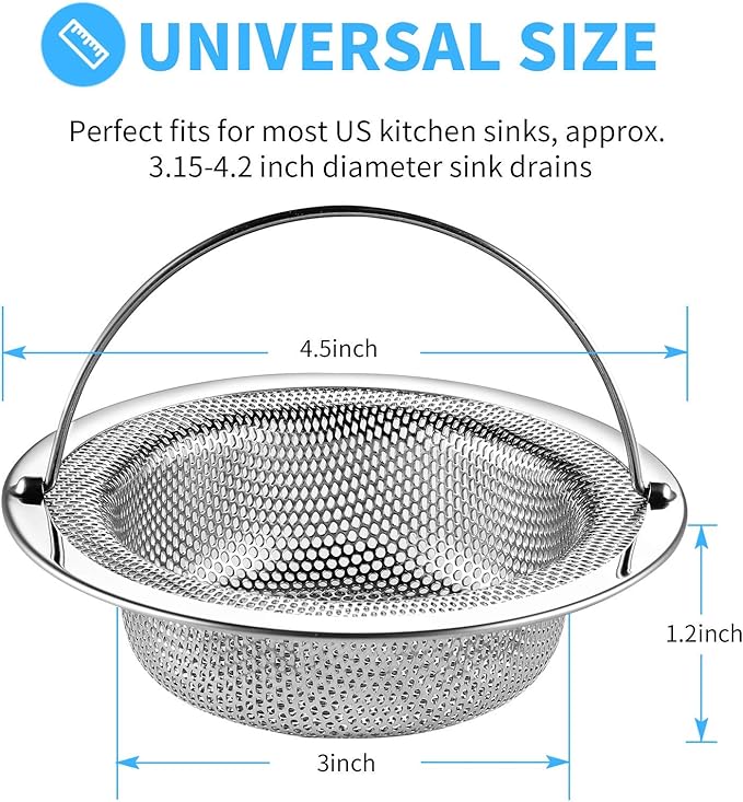 2 Pack Upgrade Kitchen Sink Strainer (Sink Drain Strainer) - 304 Stainless Steel Rust Free, Fordable Handle, 4.5 Inch Diameter