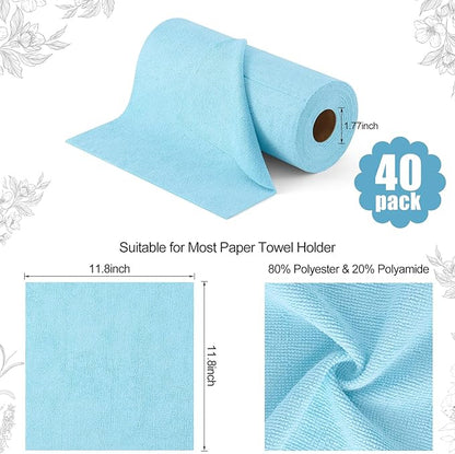 Homaxy Tear Away Dish Cloths Rolls, 40 Sheets-11.8" X 11.8", Reusable Washable Dish Towels for Kitchen, Ultra Absorbent and Quick Drying Microfiber Cleaning Rags, Aqua