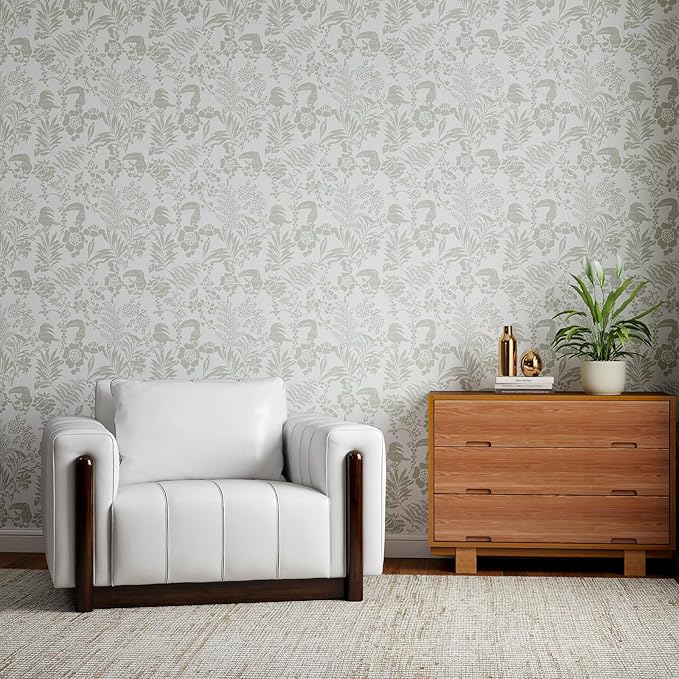 Tropical Botanical Peel and Stick Wallpaper – Green Floral Birds Removable Wallpaper for Bedroom Living Room, Self Adhesive Home Decor, Waterproof Repositionable Wall Covering,17"x120"