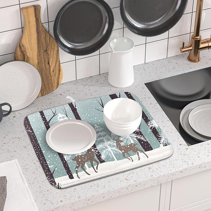 Winter Wildlife Deer Dish Drying Mat for Kitchen Counter,Xmas Landscape Snow Tree Ivory Drying Mat 16 x 18 Inch with High Absorbent Microfiber Drainer Mat for Coffee Bar