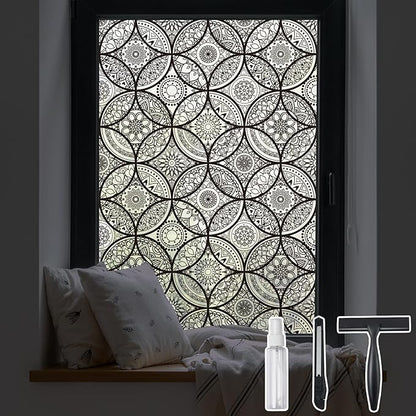 DKTIE Boho Stained Glass Look Window Privacy Film with Installation Tools, Decorative Frosted Glass Window Film Static Cling No Glue Removable, Pure Black, 35.4" x 78.7"