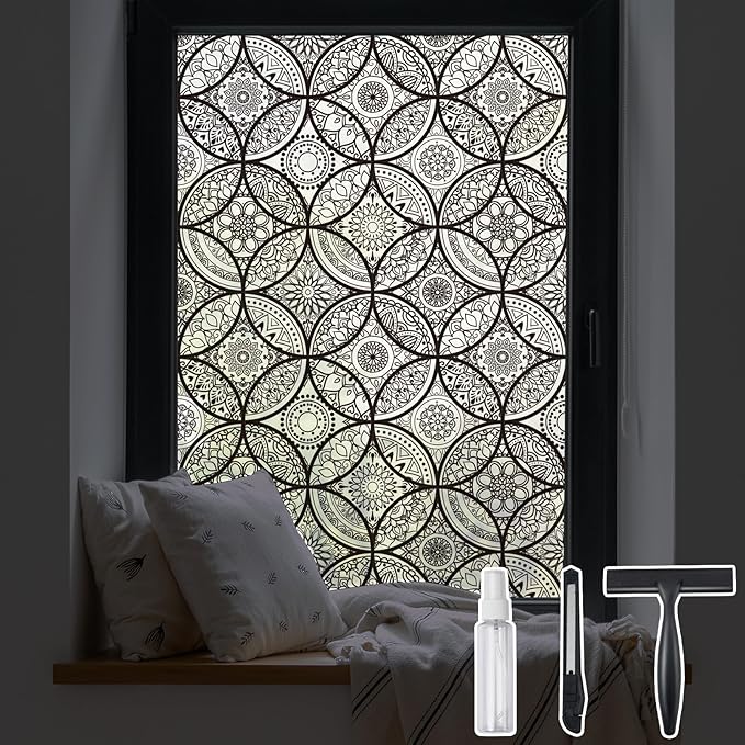 DKTIE Boho Stained Glass Look Window Privacy Film with Installation Tools, Decorative Frosted Glass Window Film Static Cling No Glue Removable, Pure Black, 35.4" x 118.1"