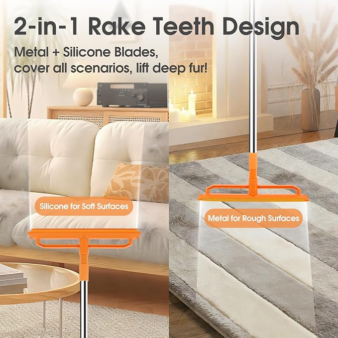 Carpet Rake for Pet Hair Removal, Durable Silicone & Metal Scraper Dog & Cat Pet Hair Remover, Adjustable Long Handle 59'' Pet Hair Carpet Rake for Rugs, Mats, Couch, Furniture
