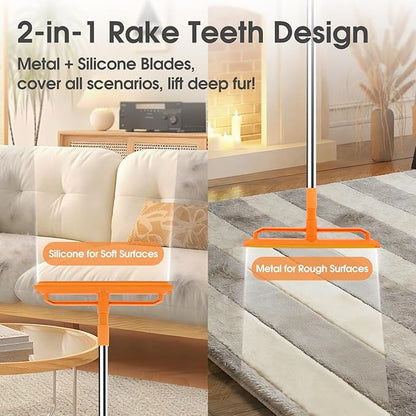 Carpet Rake for Pet Hair Removal, Durable Silicone & Metal Scraper Dog & Cat Pet Hair Remover, Adjustable Long Handle 59'' Pet Hair Carpet Rake for Rugs, Mats, Couch, Furniture