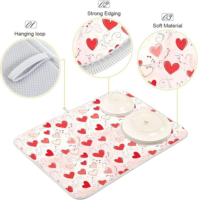 Happy Valentine’s Day Dish Drying Mat for Kitchen Countertop 18x24 Love Heart Red Pink Large Drying Mat Reusable Quick Dry Dish Sink Mats Easy Clean Decorative Essentials