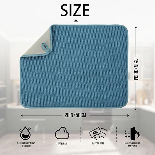 2 Pack Microfiber Dish Drying Mat for Kitchen Counter,Ultra Absorbent Dish Drainer Mat ,Dish Drying Pad ,Dish Rack Mat 20×15 Inch (Blue)