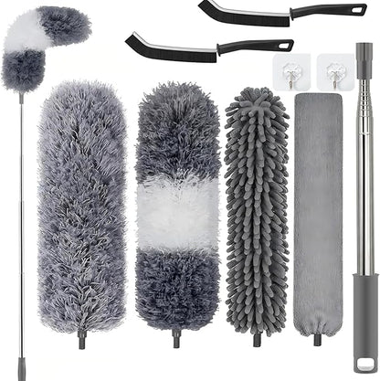 Professional Microfibre Dusters for Cleaning | Duster with Extension 100" | Cobweb Remover Duster Kit with 4 Washable Heads | Bendable Feather Duster for High Ceilings,Fans & Hard-to-Reach Areas,9PCS
