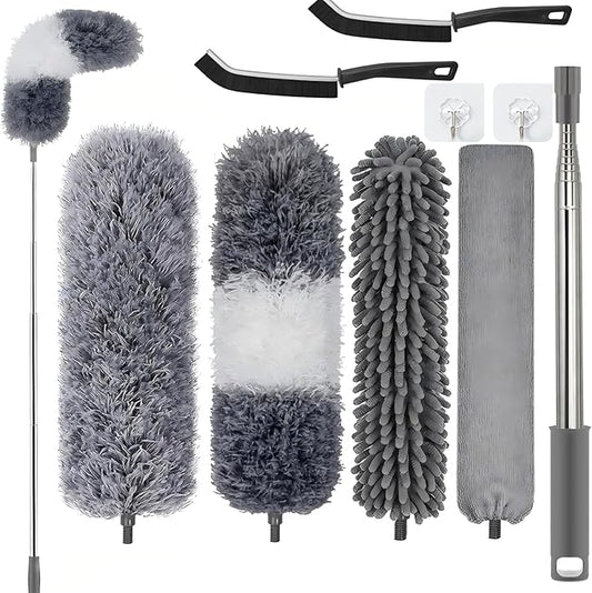 Professional Microfibre Dusters for Cleaning | Duster with Extension 100" | Cobweb Remover Duster Kit with 4 Washable Heads | Bendable Feather Duster for High Ceilings,Fans & Hard-to-Reach Areas,9PCS