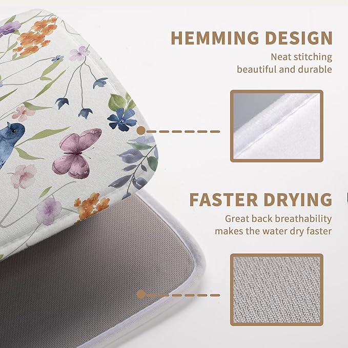 Spring Floral Birds Dish Drying Mats Spring Summer Dish Mat Green Leaf Butterfly Drying Matt Dishes Dryer Pad for Kitchen Counter Absorbent Microfiber Washable Foldable Reusable 18x24 in
