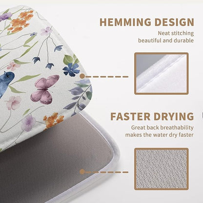 Spring Floral Birds Dish Drying Mats Spring Summer Dish Mat Green Leaf Butterfly Drying Matt Dishes Dryer Pad for Kitchen Counter Absorbent Microfiber Washable Foldable Reusable 18x24 in