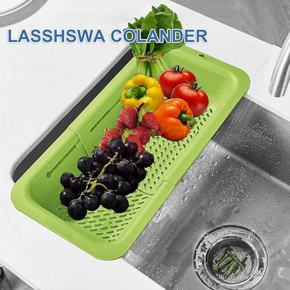 LASSHSWA Collapsible Colander for Kitchen, Over the Sink Strainer Basket for Kitchen, Fruit Pasta Food Strainer Expandable Plastic Colander BPA Free (Green)