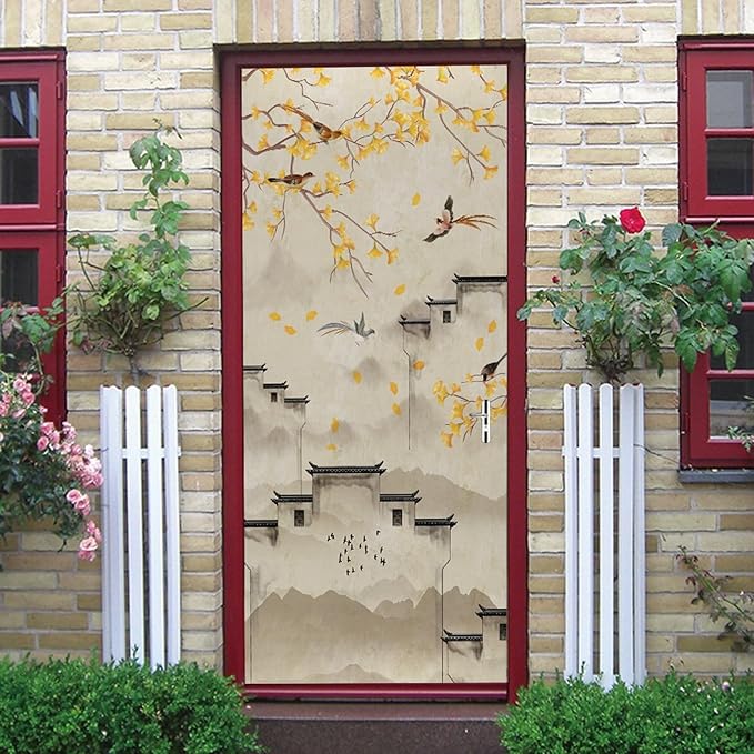 A.Monamour 3D Door Stickers for Interior Doors Flowers Birds Trees and Buildings in Ink Chinese Style Vinyl Waterproof Self Adhesive Door Mural Decals for Bedroom Office Bathroom 77x200cm